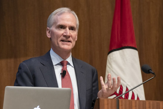 Marc Tessier-Lavigne speaks at the lectern