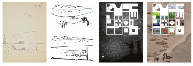 chi zhang_horizon and sky concept drawings_Border studio_Leet SP 2019 The design concept by Chi Zhang.was influenced by Zhang's first experience of a clear night sky in the high-altitude desert in Marfa, Texas. The clarity of the west-Texas night sky informed Zhang's concept of exterior courtyard spaces framing views of the sky and low walls capitalized on the relationship between varying scales of horizons — from a window, to a wall, to the mountains beyond. The presence of day and night sky is intended to shift the immigrants' experience away from their immediate detention — to an experience that is temporary, hopeful and a refuge from the trauma they may have experienced during their migration to the U.S.
