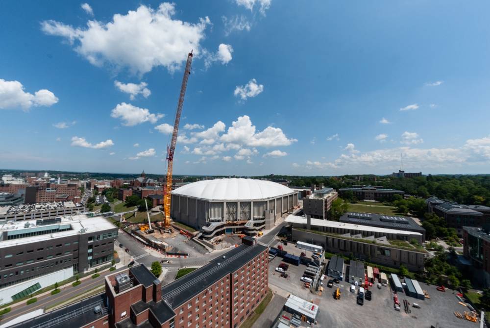 large crane working over stadium