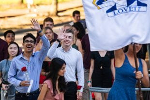 Lovett College freshmen file into Tudor Fieldhouse ahead of matriculation Aug. 18. (Photo by Jeff Fitlow)