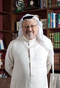 Journalist Jamal Khashoggi was murdered on October 2, 2018. Photo: Hamusa/Alamy Man smiling with glasses in white robe and white headdress