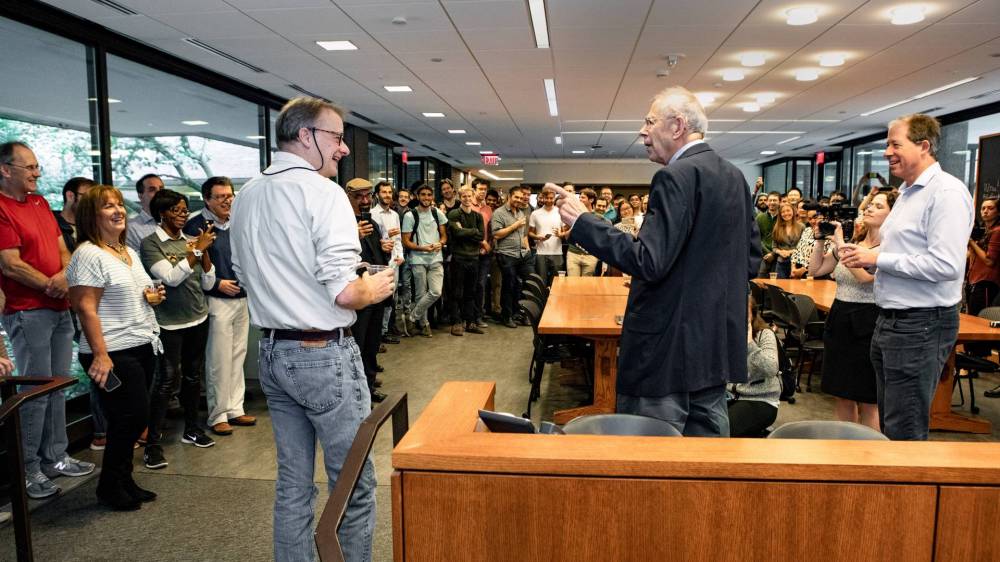 James Peebles celebrates in a reception in Jadwin Hall