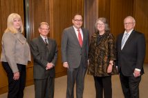 CEFU-7420-0002 Interim Provost Marion G. Crain (left) and Chancellor Andrew D. Martin (center) recognized faculty award recipients (from left) Yoram Rudy, Fiona Marshall and Gary Stormo during a Nov. 8 ceremony in Emerson Auditorium.