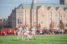 The women’s soccer team plays Maryville (Tenn.) College during an NCAA Division III first-round game Nov. 16 at Francis Olympic Field. The Bears defeated Maryville 4-0. (Photo: Danny Reise/Washington University)