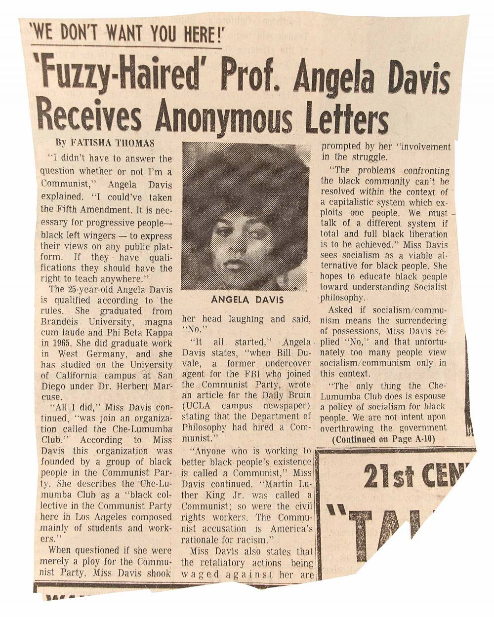 A newspaper clipping of an editorial on Angela Davis.