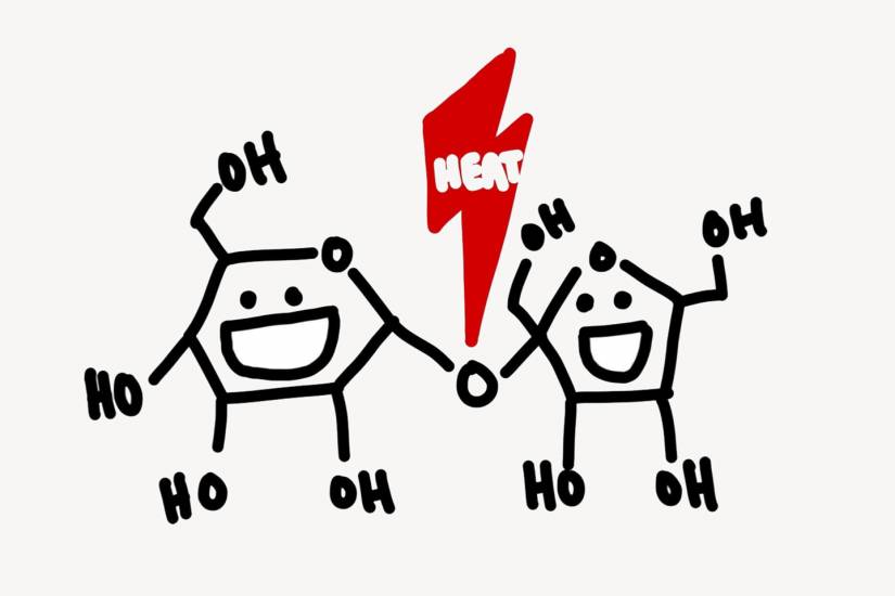 When heat is applied, H2O evaporates, breaking the sucrose bonds and creating simpler sugars