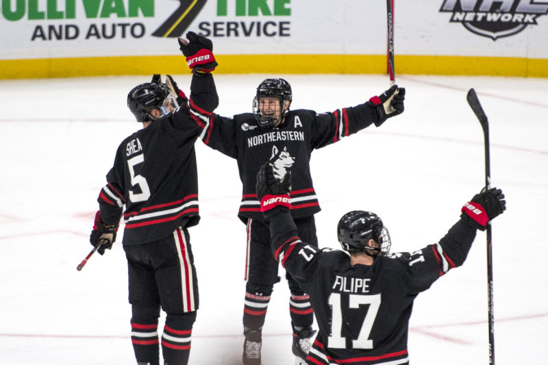 The Huskies survived a hard final period to beat Harvard, 3-1, in the Beanpot semifinal on Monday at TD Garden.  Photo by Matthew Modoono/Northeastern University