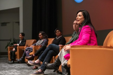 Keynote speaker Aisha Sultan (right) leads a panel discussion after her talk and screening of her film, "Other People." Panelists were (from far left:) Braveheart Gillani, Bethany Johnson-Javois, Gmerice Hammond and James Zerkel. (Photo: Joe Angeles/Washington University)