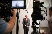 Chancellor Andrew D. Martin participates in a video project during the 2020 Day of Dialogue & Action. (Photo: James Byard/Washington University)