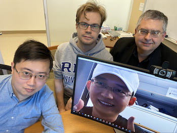 Rice University researchers have further simplified their process to make essential precursor molecules for drug discovery and manufacture. From left: Zhe Zhou, Juha Siitonen, Qing-Qing Cheng (on screen) and László Kürti. (Credit: Kürti Research Group/Rice University)