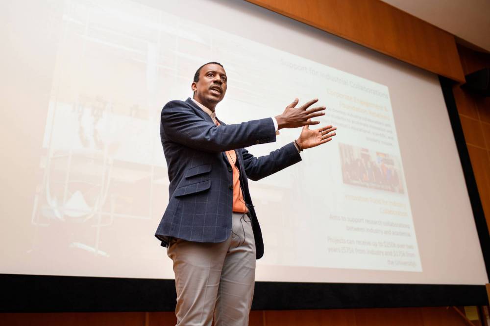 Rodney Priestley speaking at at Alumni Day