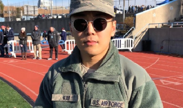 Kim at Columbia's annual Hero's Day football game in 2019. Asian man in sunglasses and U.S. Air Force uniform