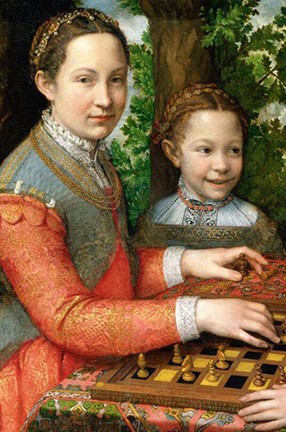 A detail of "The Chess Game," circa 1555, by Sofonisba Anguissola. A detail of "The Chess Game," circa 1555, by Sofonisba Anguissola: A paintining of a woman and a young girl sitting in a wooded area wearing colorful clothing that might have been worn during the 1500s. The woman has a chessboard with chess pieces, one of which she is holding in her hand.