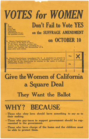 A flier from the 1911 California election on Senate Constitutional Amendment No. 8, which gave women the right to vote.