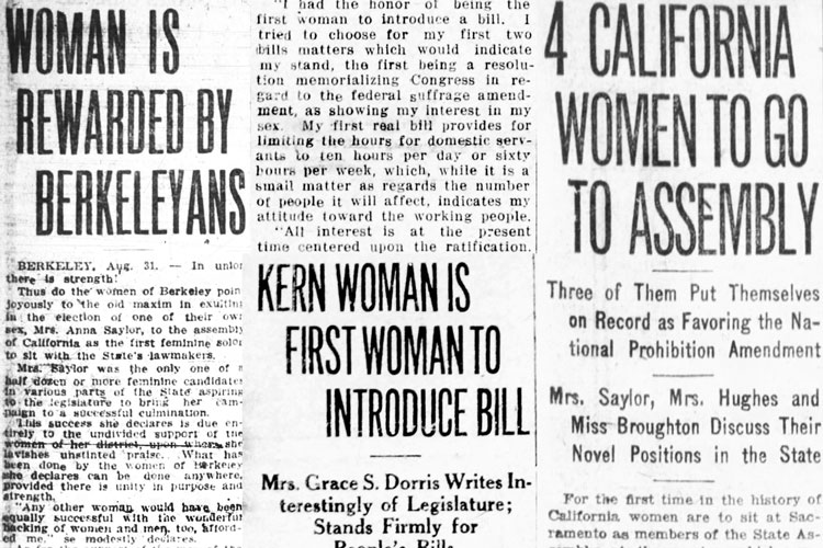 a selection of headlines from newspaper coverage of the first four women elected to the California Legislature in 1918